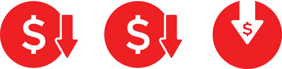 Cost reduction icon price lower arrow. Price Reduction sign. Save Money symbols. Money Saving Graphic designs. Cost Cutting Icons

