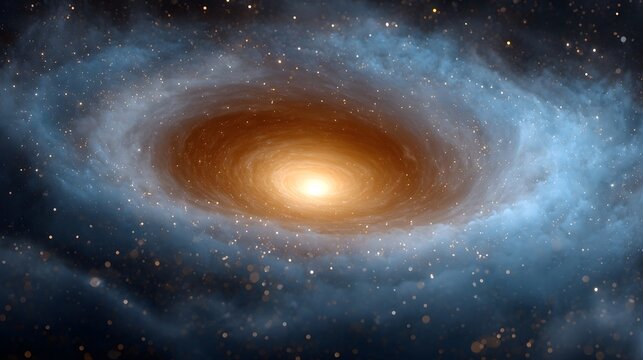 A vibrant spiral galaxy with a bright orange core swirling blue nebulous arms and numerous distant stars