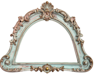 Ornate, antique-style picture frame in blue, gold, and pink hues, arched design