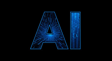 Blue glowing AI lettering on black background,  lines simulating data streams, representing artificial intelligence, technology, innovation, and digital future