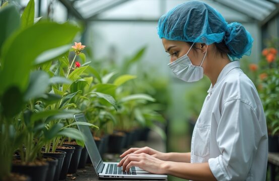 Female scientist in protective gear works on laptop in a modern greenhouse. Researcher studies plant biology and enters data. Botanist manages flower cultivation in a hothouse.