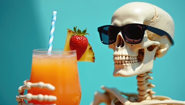 Humorous skeleton wears black sunglasses, holds tropical drink. Vibrant orange cocktail pineapple slice, strawberry, striped straw. Represents summer fun, relaxation, carefree holiday vibe. Enjoy