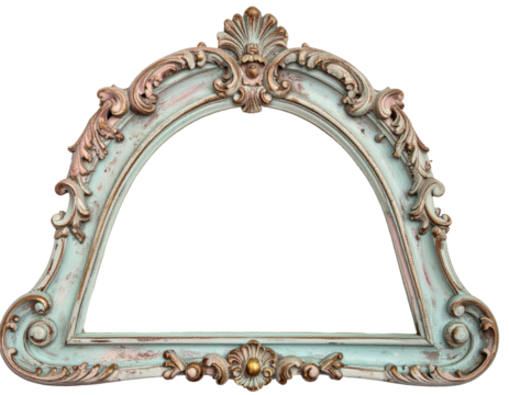 Ornate, antique-style picture frame in blue, gold, and pink hues, arched design