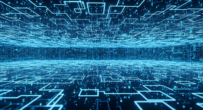 Abstract blue digital grid pattern representing technology and data flow