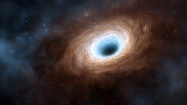 Cosmic black hole with a luminous swirling accretion disk in deep space surrounded by nebulous clouds - Powered by Adobe