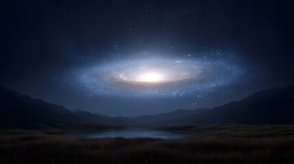 Fototapeta premium A brilliant swirling galaxy hangs in the dark star filled night sky above a tranquil landscape with rolling hills and a still body of water