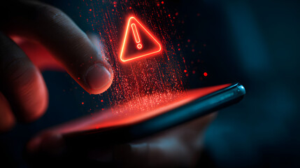 SMS spam, fake text message phishing from scammer concept, System hacked red warning alert, email hack, scam malware spreading virus on message alert virtual on mobile phone screen in person hand