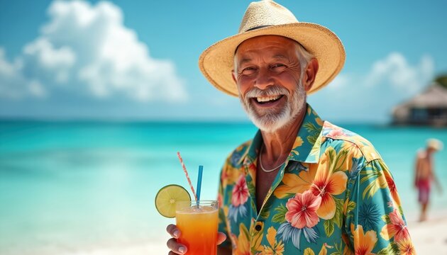 Elderly man wears straw hat and tropical shirt, smiles with cocktail on beach. Blue ocean, clear sky, white clouds, relaxing vacation scene. Happy senior man enjoys summer holiday fun.