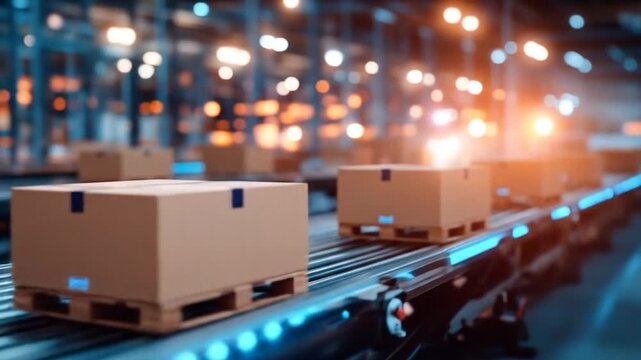 Automated logistics system moving packages on conveyor belt in modern warehouse with glowing lights