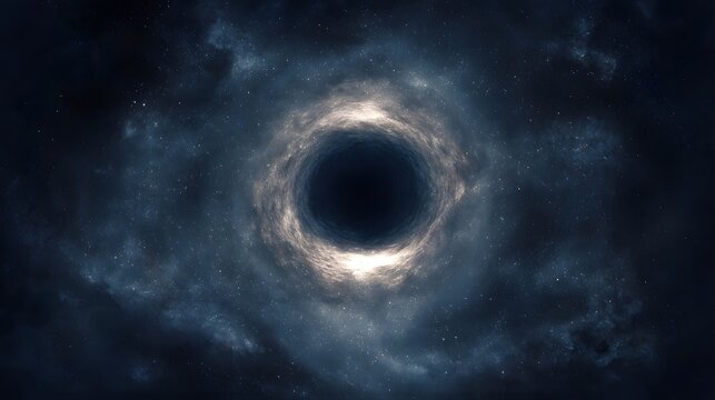 A depiction of a black hole with a luminous accretion disk surrounded by cosmic dust and stars in deep space - Powered by Adobe