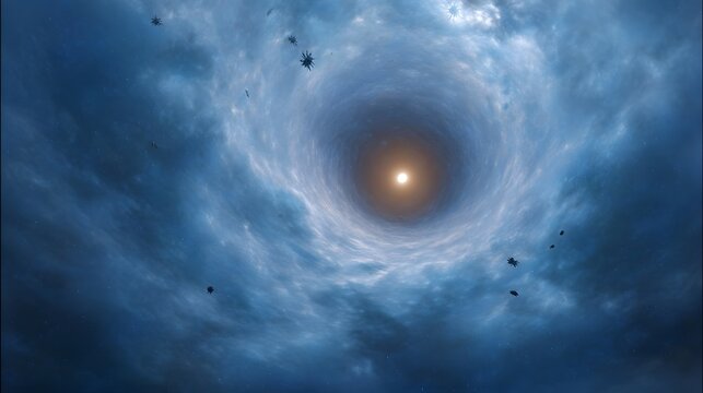 A luminous cosmic vortex with swirling blue nebulae and distant objects evoking deep space explo n