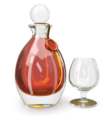 Glass and bottle of cognac or whiskey with wax seal. 3d illustration transparent background
