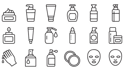 Set of minimal skincare and hygiene icons showing cream jars, droppers, and face masks in clean outline vector style