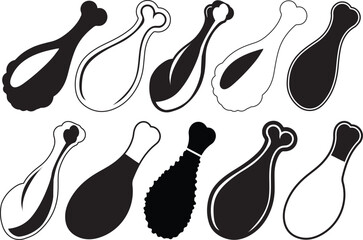 Chicken Drumstick Set Black and White Vector Silhouette Collection.
