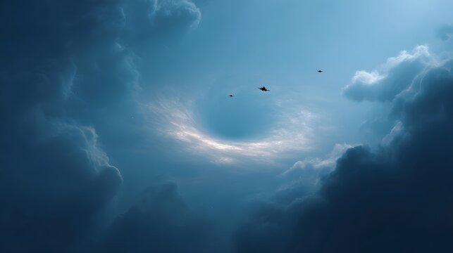 Three small spacecraft fly towards a swirling cosmic vortex phenomenon in a dramatic cloudy sky