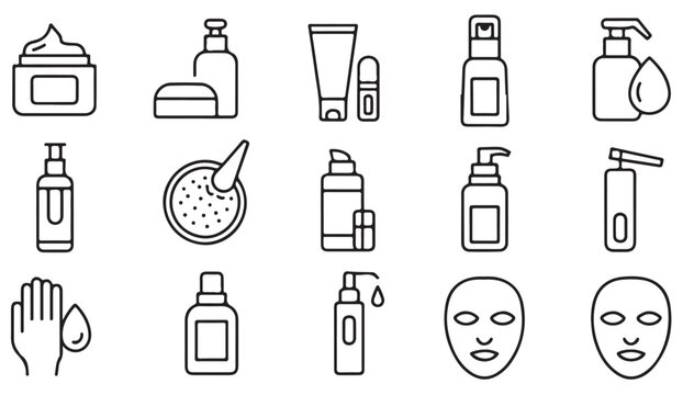 Vector outline illustration of cosmetic packaging including lotion, serum, and facial treatment containers