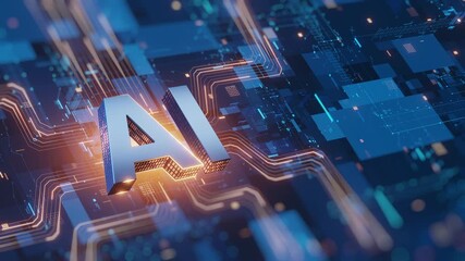 3D AI text futuristic circuit board background. Glowing data lines, digital processing, neural network concept. Artificial intelligence, machine learning, technology, innovation, future - Powered by Adobe