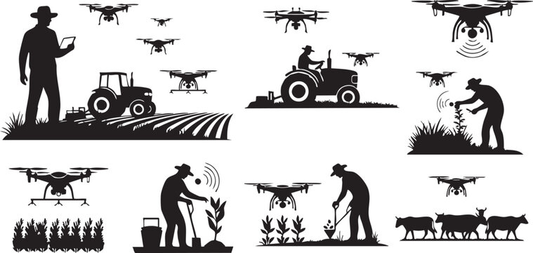 Farmers Using Agricultural Drones Silhouettes