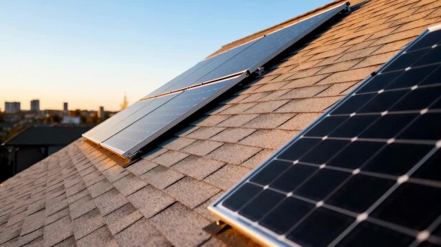 Medium shot showing pitched roof solar panels arranged in perfect rows highlighting angled placement to capture optimal sunlight