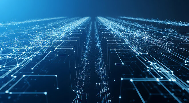 Abstract blue digital network grid with glowing lines and nodes