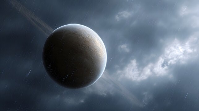 A ringed alien planet shrouded in a dramatic rainy atmosphere - Powered by Adobe
