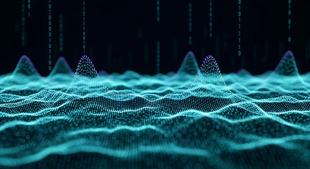 Abstract teal digital wave pattern, glowing points forming a grid, binary code in background, symbolizes technology, data, connection, and digital landscape