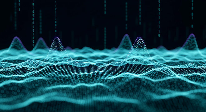 Abstract teal digital wave pattern, glowing points forming a grid, binary code in background, symbolizes technology, data, connection, and digital landscape - Powered by Adobe
