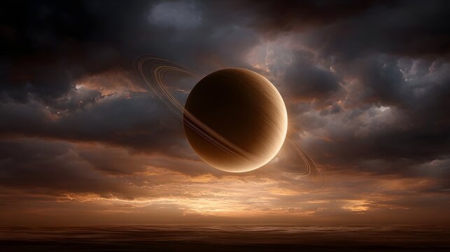 A ringed planet shines dramatically through stormy sunset clouds over a distant horizon