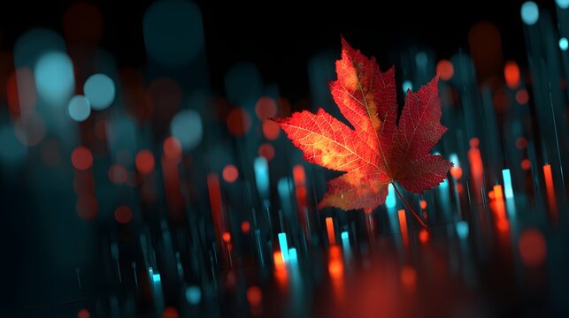 Vivid red foliage rests suspended above an abstract digital landscape of glowing light bars
