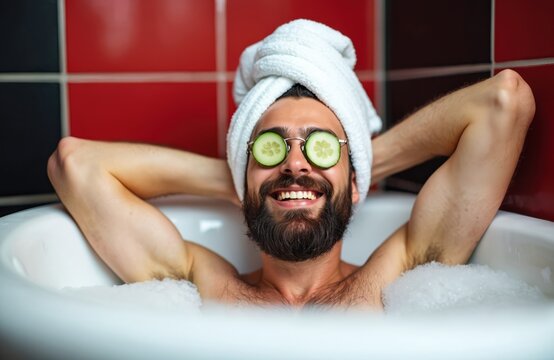 Cheerful bearded man enjoys bathing with cucumber slices on eyes. Male with turban relaxes in tub with foam in modern bathroom. Guy gets spa treatment at home enjoys beauty procedure.