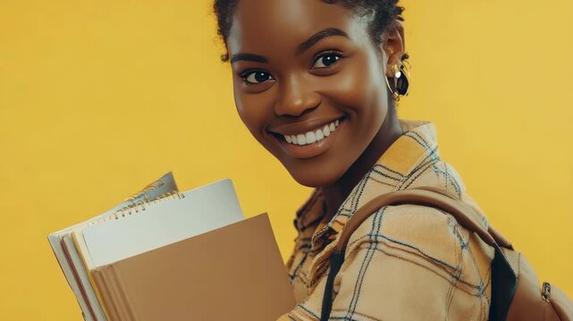 A young woman student holding textbooks, feeling happy and confident about her studies.