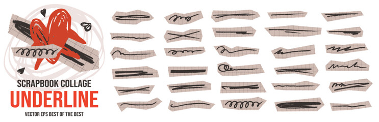 Hand drawn doodle set with brush strokes marker lines and scribble highlights.