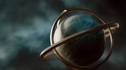 A stylized textured planet with golden rings orbits through a dark atmospheric cosmic nebula