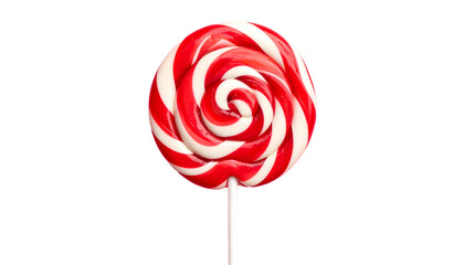 Close-up of a vibrant red and white spiral lollipop against a stark black background