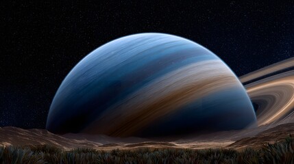 A giant ringed planet dominates the sky above a barren alien landscape under a starry cosmos