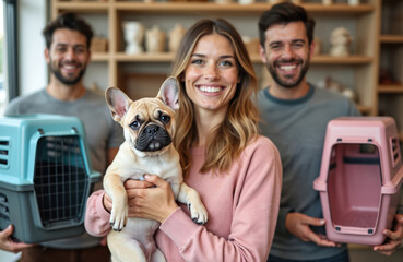 Couple buy pet carrier for dog. Woman holds puppy bulldog in arms. Men hold transport boxes in petshop. Happy dog owners with pet smile and choose goods for pets.