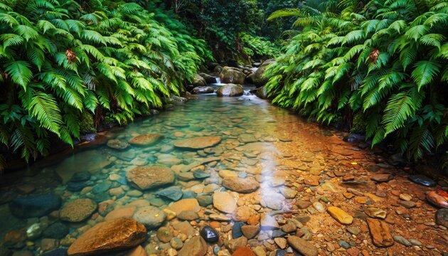 Stream in Forest with Ferns and Rocks