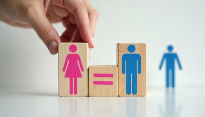 Hand arranges wooden blocks showing female and male symbols with an equals sign between them. Concept of gender equality and parity is visually represented. A blurred male figure stands in background.