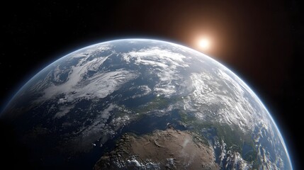 Earth viewed from space bathed in the warm glow of a rising sun revealing continents oceans and atmospheric layers