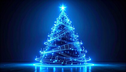 Futuristic glowing blue Christmas tree with star, surrounded by waveform patterns on a dark background, blending holiday and digital aesthetics.