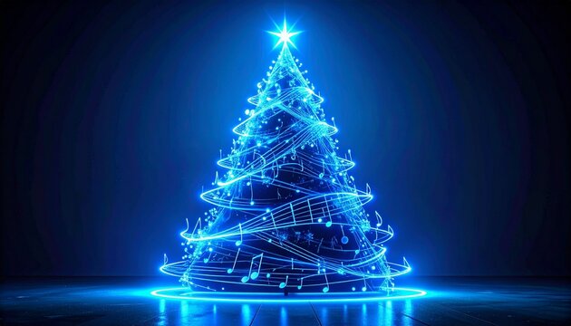 Futuristic glowing blue Christmas tree with star, surrounded by waveform patterns on a dark background, blending holiday and digital aesthetics.