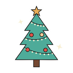 Flat retro Christmas tree with ornaments and lights on red background, minimalist festive vector illustration in teal and gold tones, tranparent background