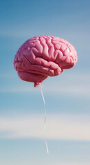 Whimsical pink brain balloon soars in sky with mind & ideas artistic decorative backdrop