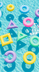Colorful geometric shapes floating in pool water and playful illustration background