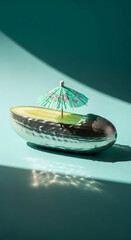 Charming cucumber boat with mini umbrella, a fresh artistic decorative backdrop