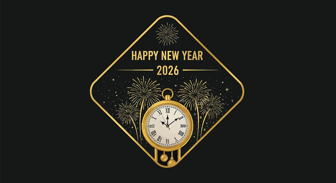 Golden happy new year 2026 label with clock and fireworks for holiday celebration and festive design, luxurious and elegant style