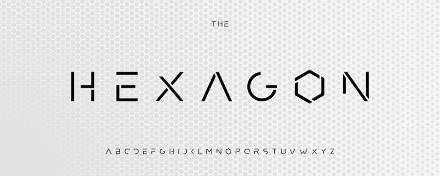 Hexagon minimalist futuristic font logo alphabet innovate science technology typography, geometric minimalistic luxury lettering for digital forum conference headline, modern logotype. Vector typeset