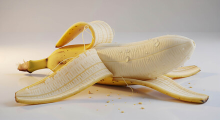 Peeled banana with water droplets on white illustration background