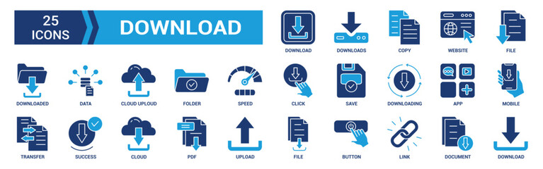 Download icon set. Containing upload, document, link, download file, folder, data and PDF icons. Solid icon collection. Vector illustration.