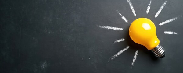 Yellow light bulb drawn with chalk lines on blackboard signifies bright idea. Symbolizes creativity, innovation and successful concept. Minimal flat lay composition.